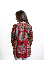 Inaaya – Maroon Pure Muslin Shirt with Ajrakh-Inspired Motif & Stripe Fusion