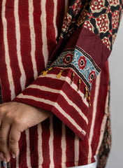 Inaaya – Maroon Pure Muslin Shirt with Ajrakh-Inspired Motif & Stripe Fusion