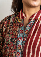Inaaya – Maroon Pure Muslin Shirt with Ajrakh-Inspired Motif & Stripe Fusion