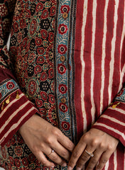 Inaaya – Maroon Pure Muslin Shirt with Ajrakh-Inspired Motif & Stripe Fusion