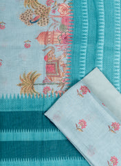 Premium Sky Blue Linen Suit Set with Intricate Cultural Motifs