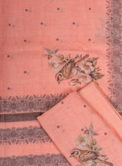 Pastel Peach Linen Unstitched suit with Bird & Bloom Motifs