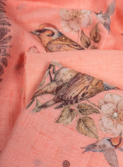 Pastel Peach Linen Unstitched suit with Bird & Bloom Motifs