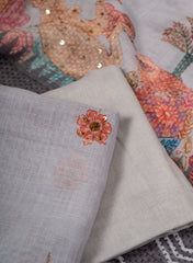 Lavender Linen Unsitiched Suit Set with Contrast Border & Floral Motifs