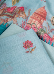 Premium Sky Blue Linen Suit Set with Intricate Cultural Motifs