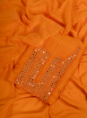 Vibrant Orange Mul Chanderi Suit Set with Mirror & Thread Embroidery