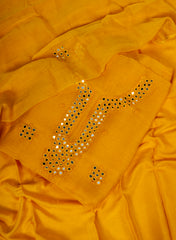 Elegant Mustard Mul Chanderi Suit Set with Mirror & Thread Embroidery