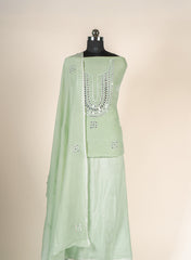 Pastel Mint Green Mul Chanderi Suit Set with Mirror & Thread Embroidery