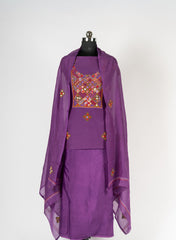 Royal Purple Milk Chanderi Embroidered Top Bottom Dupatta Set