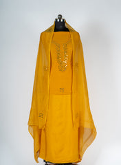 Elegant Mustard Mul Chanderi Suit Set with Mirror & Thread Embroidery
