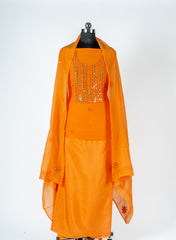 Vibrant Orange Mul Chanderi Suit Set with Mirror & Thread Embroidery