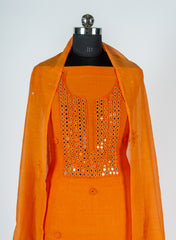 Vibrant Orange Mul Chanderi Suit Set with Mirror & Thread Embroidery