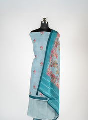 Premium Sky Blue Linen Suit Set with Intricate Cultural Motifs
