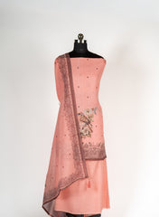 Pastel Peach Linen Unstitched suit with Bird & Bloom Motifs