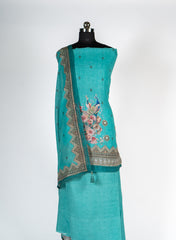 Teal Linen Suit Set with Subtle Motif Work