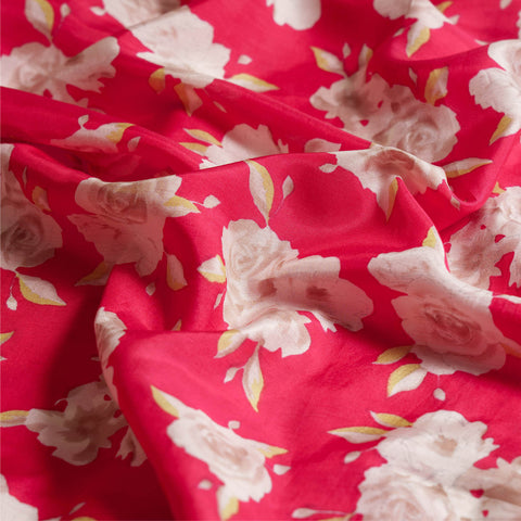 (Per Cut -3 meter) Red Off White Floral Table Print  Viscose Muslin Fabric