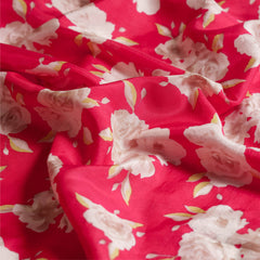 RED Off White Floral Table Print  Viscose Muslin Fabric