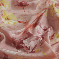 (Pre Cut-2.5 Meter)  Peach Floral Table  Print Pure Muslin Fabric