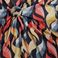 (Pre cut-2.5Meter)  Black Multi Color Leaf Pattern Digital Print Pure Muslin Fabric