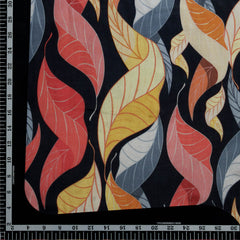 Black Multi Color Leaf Pattern Digital Print Pure Muslin Fabric