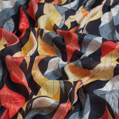 (Pre cut-2.5Meter)  Black Multi Color Leaf Pattern Digital Print Pure Muslin Fabric