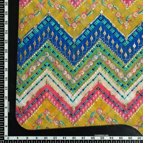 (Pre cut 2.5Meter) Zig Zag Color full Pattern With Sequence Embroidery Pure Georgette Fabric