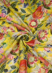 Lemon Yellow Floral Pattern Digital Print Chinnon Chiffon Fabric