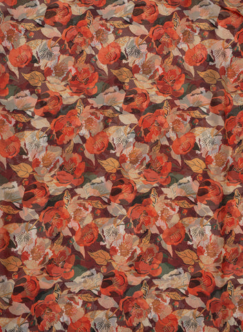 (Pre Cut -3.5 Meter) Pure Organza Maroon Color Floral Pattern Digital Print Fabric