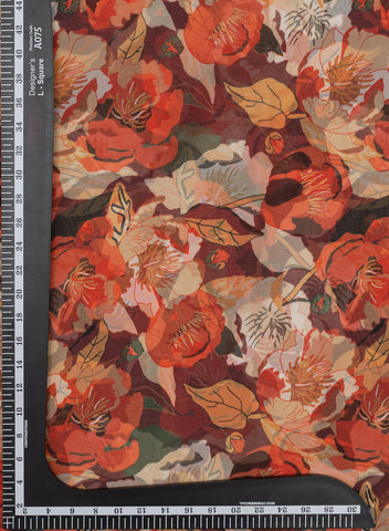 (Pre Cut -3.5 Meter) Pure Organza Maroon Color Floral Pattern Digital Print Fabric