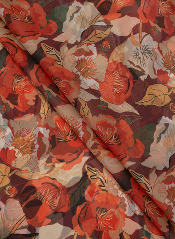 (Pre Cut -3.5 Meter) Pure Organza Maroon Color Floral Pattern Digital Print Fabric