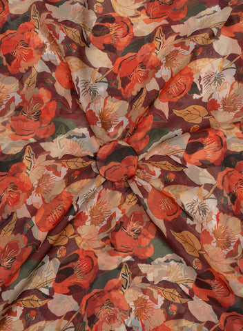 (Pre Cut -3.5 Meter) Pure Organza Maroon Color Floral Pattern Digital Print Fabric