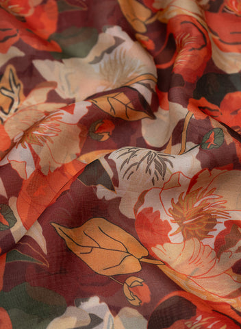 (Pre Cut -3.5 Meter) Pure Organza Maroon Color Floral Pattern Digital Print Fabric