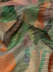 Pure Organza Lurex Shades of Green Abstract Pattern Digital Print Fabric