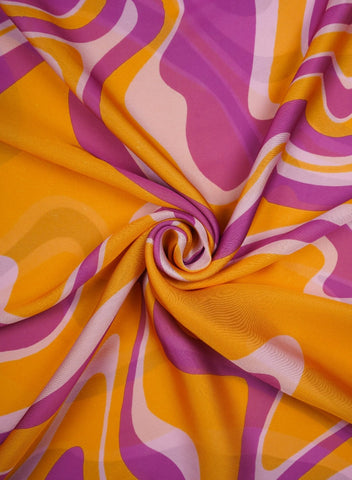 (Pre Cut -2 Meter) Amber Yellow And Purple Abstract Pattern Digital Print Satin Georgette Fabric