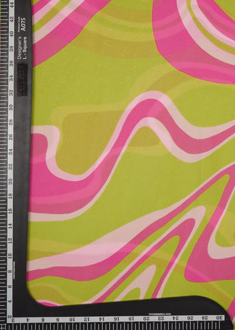 (Pre Cut -1 Meter) Lime Green And Pink Abstract Pattern Digital Print Satin Georgette Fabric