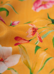 Pure Muslin Tangerine Orange Color Floral Digital Print Fabric.