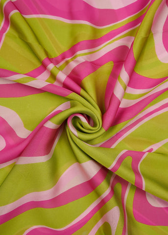 (Pre Cut -1 Meter) Lime Green And Pink Abstract Pattern Digital Print Satin Georgette Fabric