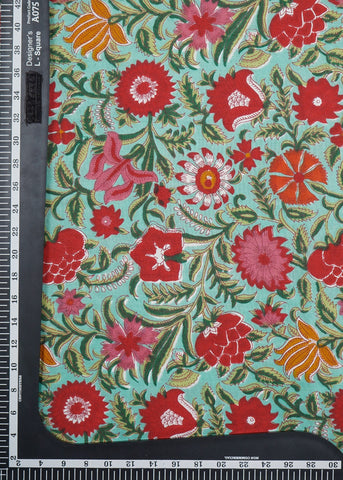 (Pre Cut-2 Meter) Sea Green Multi Colour Floral Pattern Screen Print Cotton Cambric Fabric