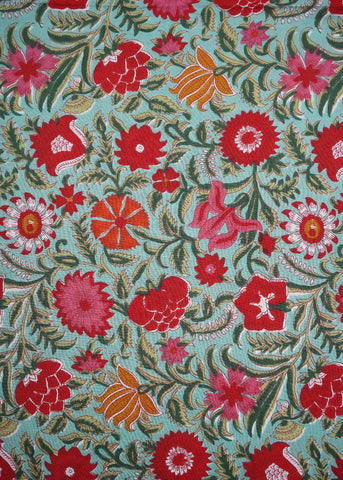 (Pre Cut-2 Meter) Sea Green Multi Colour Floral Pattern Screen Print Cotton Cambric Fabric