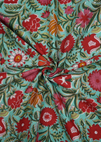 (Pre Cut-2 Meter) Sea Green Multi Colour Floral Pattern Screen Print Cotton Cambric Fabric