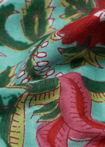 (Pre Cut-2 Meter) Sea Green Multi Colour Floral Pattern Screen Print Cotton Cambric Fabric