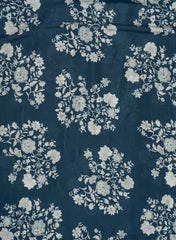 Pure Muslin Navy Blue Color With White Floral Pattern Digital Print  Fabric