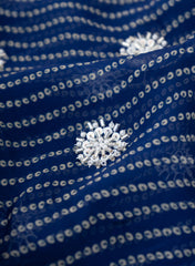 Pure Organza Navy Blue Color Bandhani print With Sequins And Pearl Embroidery Fabric.