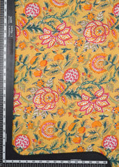 (Pre Cut -2 Meter)Tuscany Yellow Multi Colour Floral Screen Print Pure Cotton Cambric Fabric