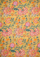 (Pre Cut -2 Meter)Tuscany Yellow Multi Colour Floral Screen Print Pure Cotton Cambric Fabric