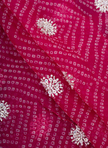 (Per Cut -1 Meter) Pure Organza Dark pink Color Bandhani print With Sequins And Pearl Embroidery Fabric.