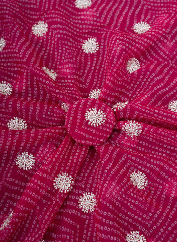 (Per Cut -1 Meter) Pure Organza Dark pink Color Bandhani print With Sequins And Pearl Embroidery Fabric.