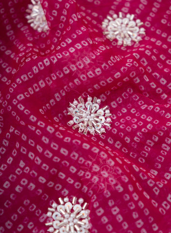 (Per Cut -1 Meter) Pure Organza Dark pink Color Bandhani print With Sequins And Pearl Embroidery Fabric.
