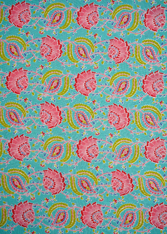 (Pre Cut -1 Meter) Aqua Colour Jaal Pattern Screen Print Pure Cotton Cambric Fabric