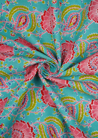 (Pre Cut -1 Meter) Aqua Colour Jaal Pattern Screen Print Pure Cotton Cambric Fabric